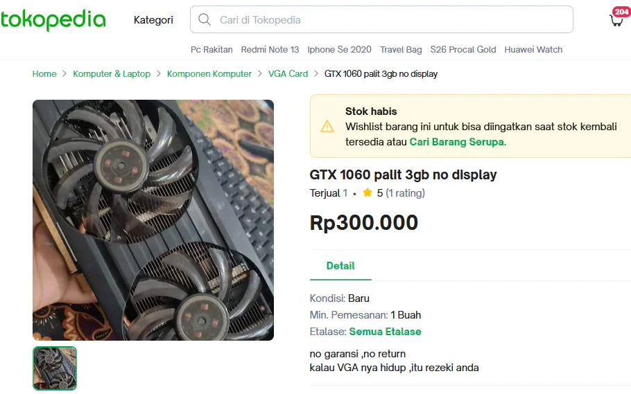 Palit GTX 1060, Tokopedia - RepairLOG